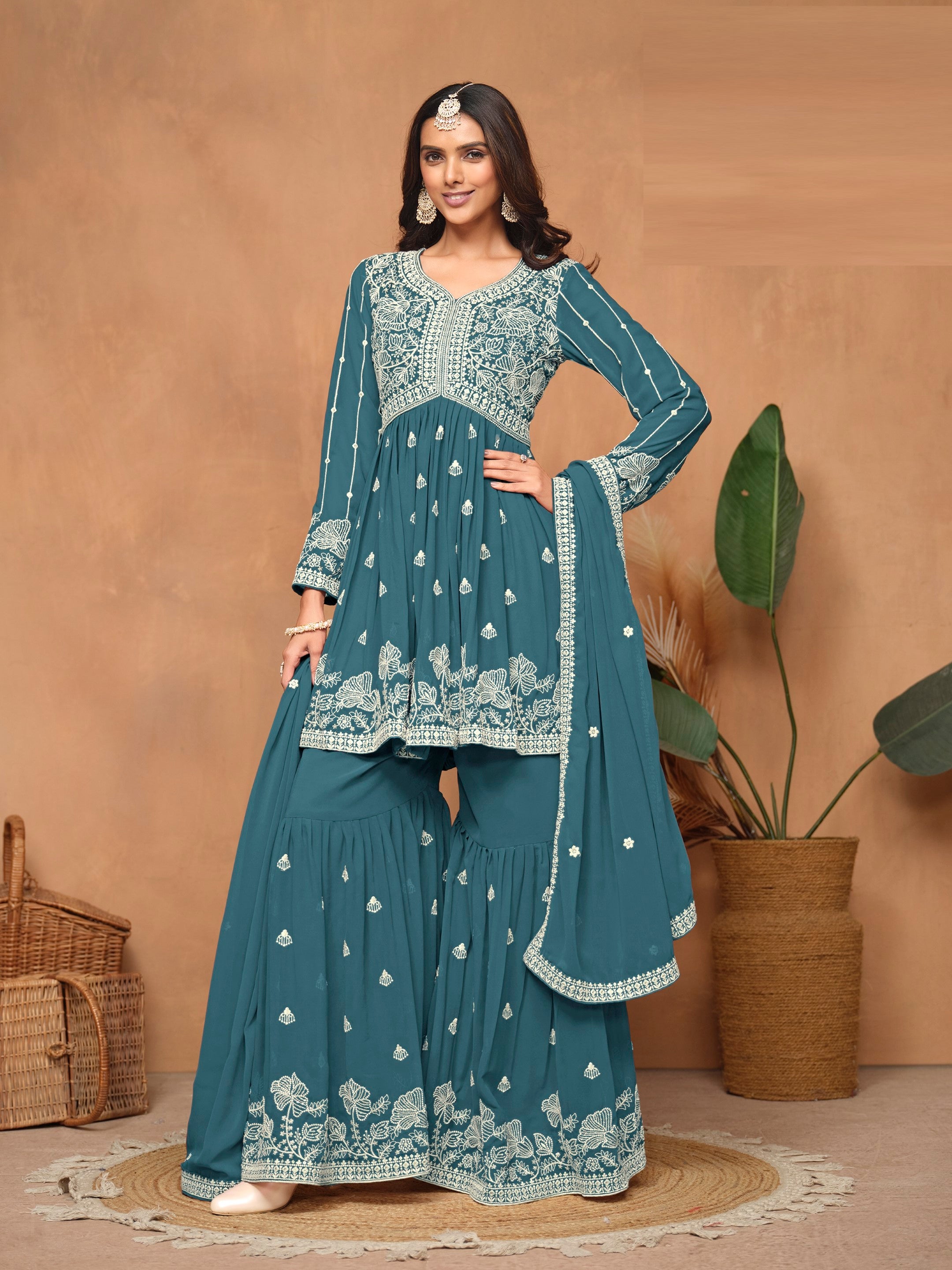 Anaita Teal Embroidered Faux Georgette Sharara Suit - Distacart