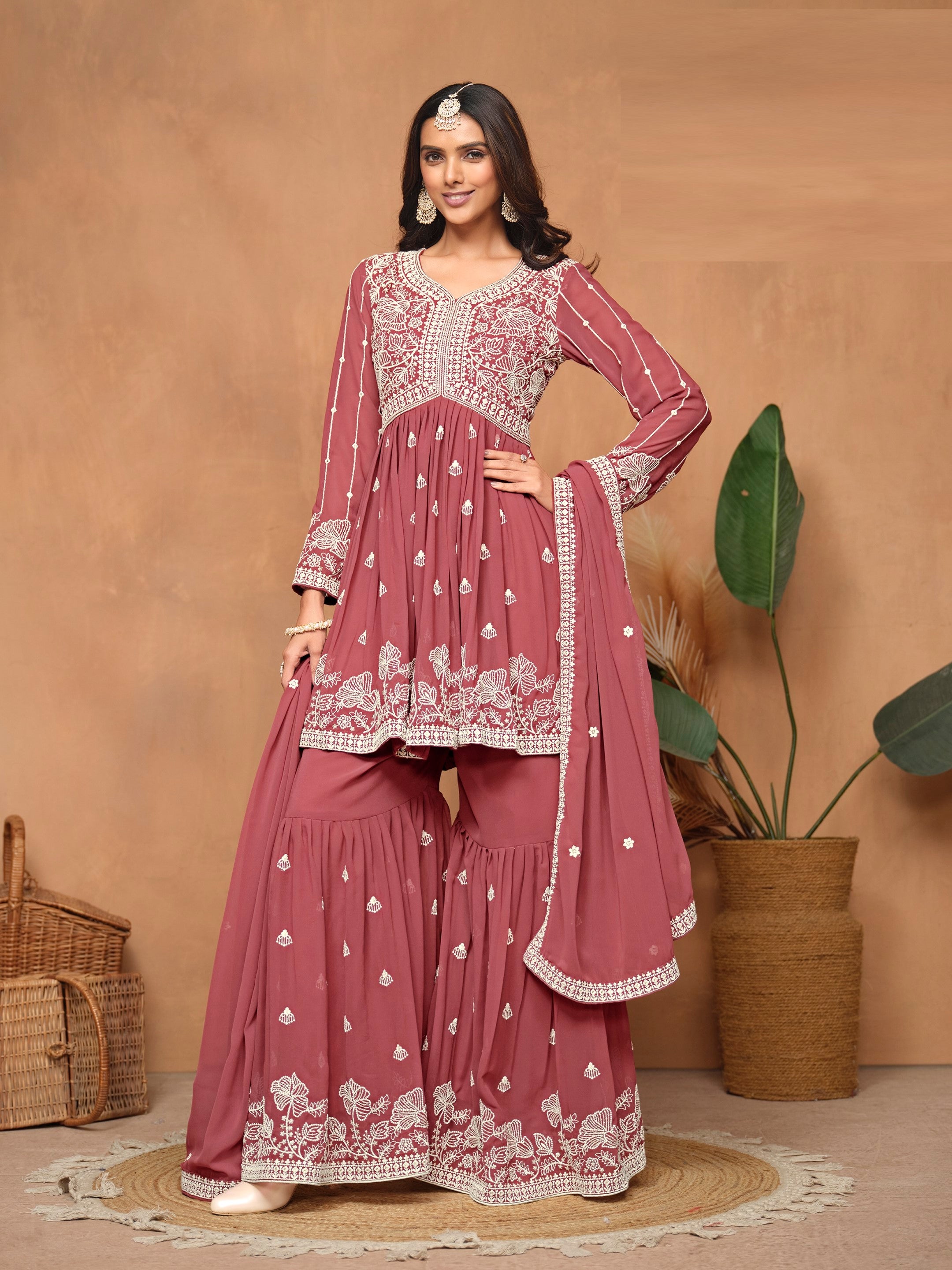 Anaita Brown Embroidered Faux Georgette Sharara Suit - Distacart