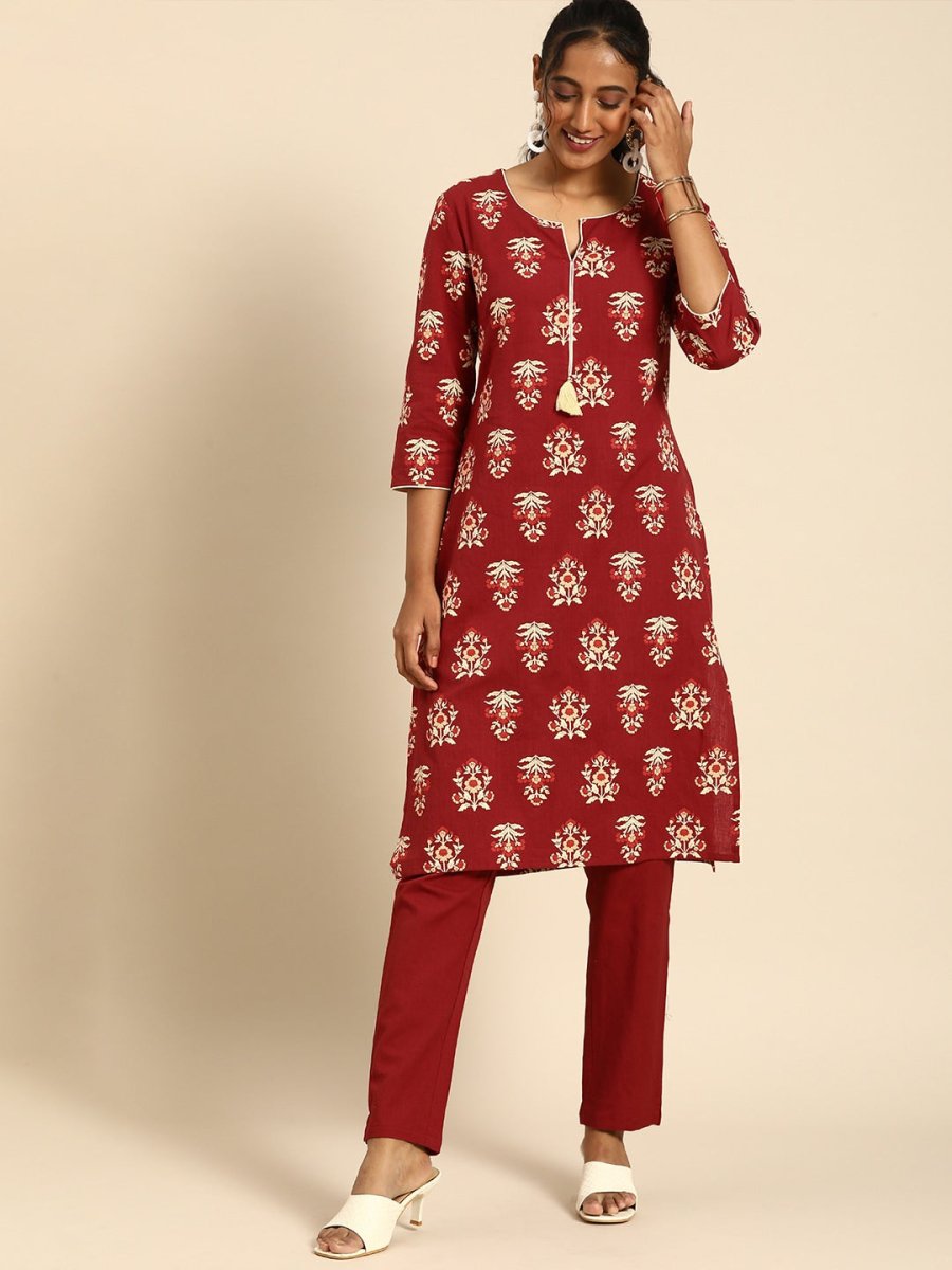 All About You Women Red Floral Printed Pure Cotton Regular Kurta with Trousers - Distacart