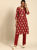 Thumbnail for All About You Women Red Floral Printed Pure Cotton Regular Kurta with Trousers - Distacart