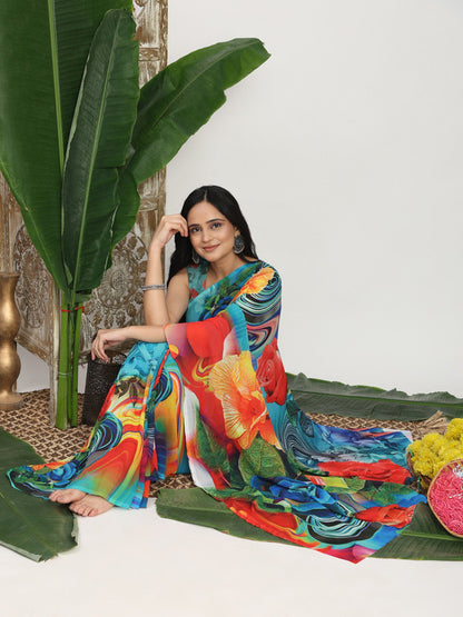 Shivam Fabrics Blue Georgette Fabric Printed Saree - Distacart