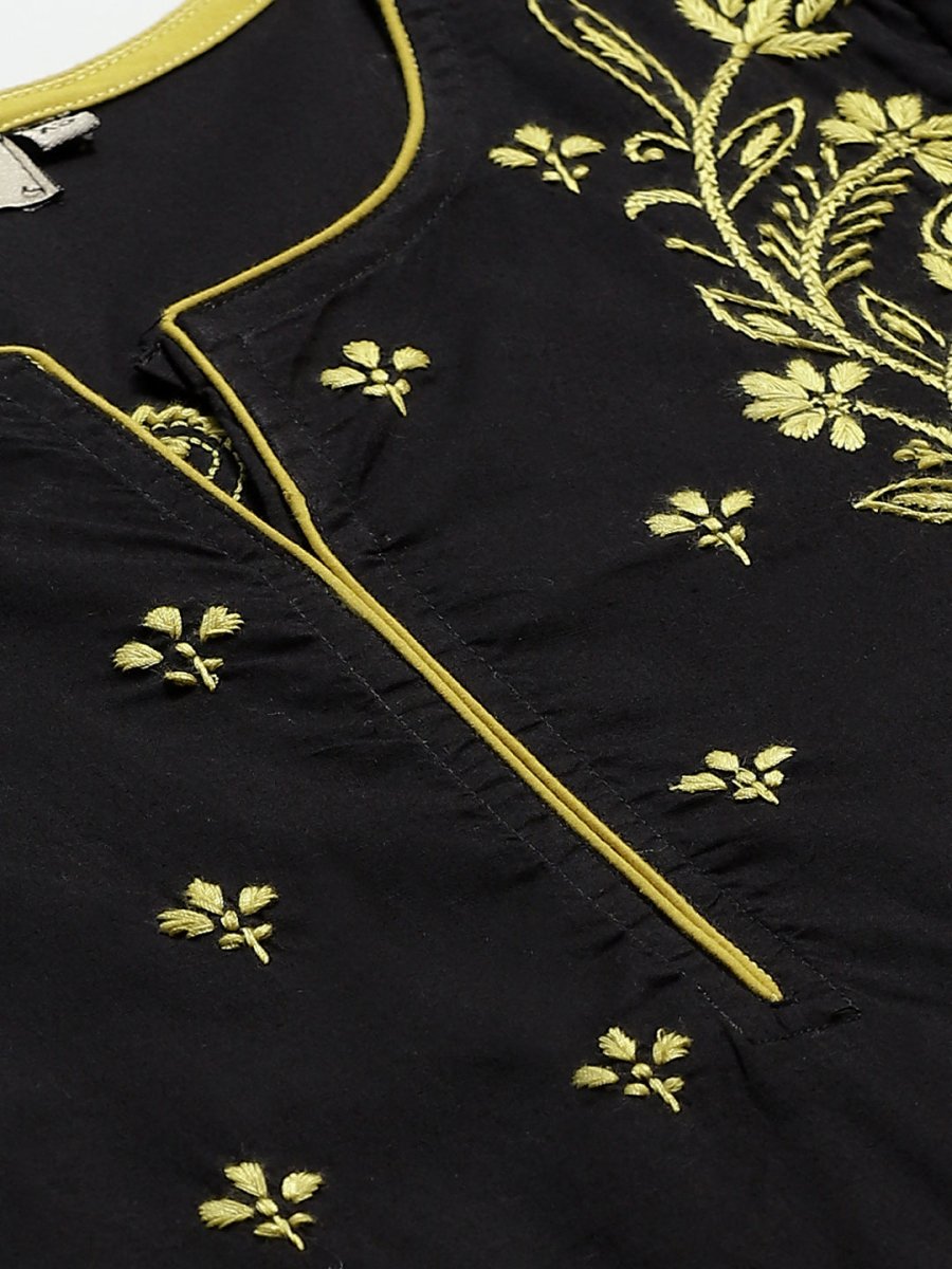 ADA Women Black & Yellow Chikankari Hand Embroidered Sustainable Handloom Kurta with Trousers - Distacart