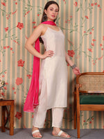 Thumbnail for Ode by House of Pataudi Striped V-Neck Pure Cotton Kurta with Trousers & Dupatta - Distacart