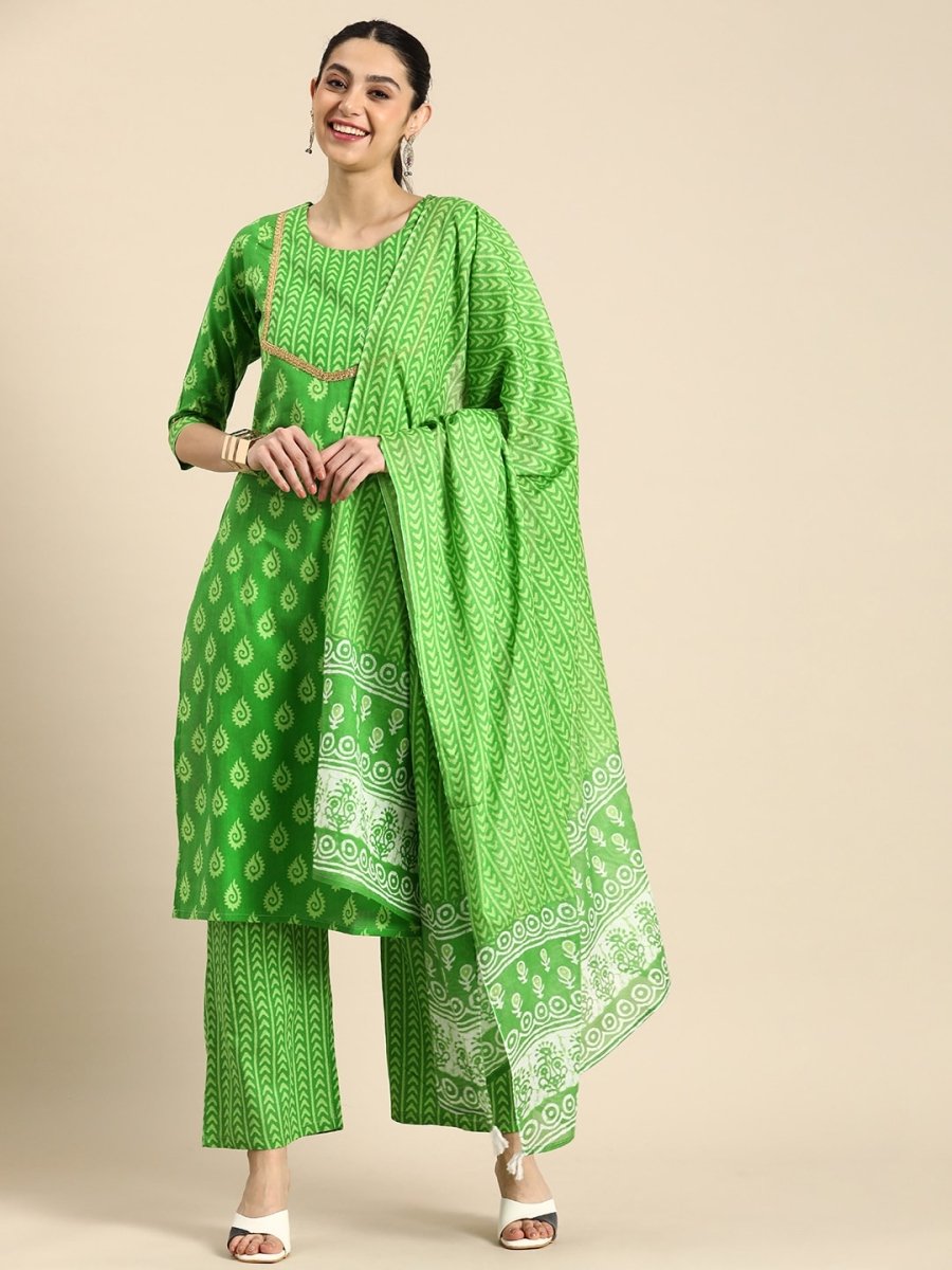 Anouk Ethnic Motifs Printed Thread Work Pure Cotton Kurta With Palazzos & With Dupatta - Distacart