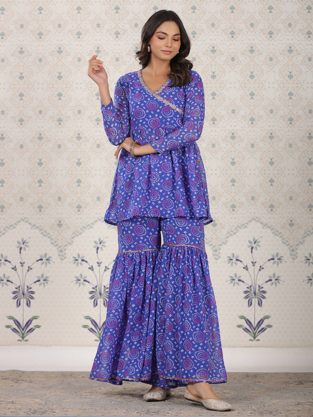 Ode by House of Pataudi Bandhani Printed Angrakha Gotta Patti Kurti with Sharara - Distacart