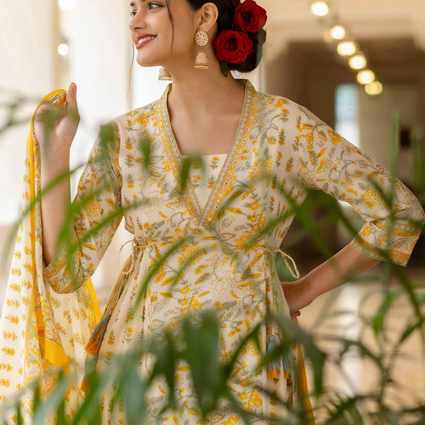 Kalini Floral Printed Sequined Mirror Work A-line Pure Cotton Kurta with Patiala & Dupatta - Distacart