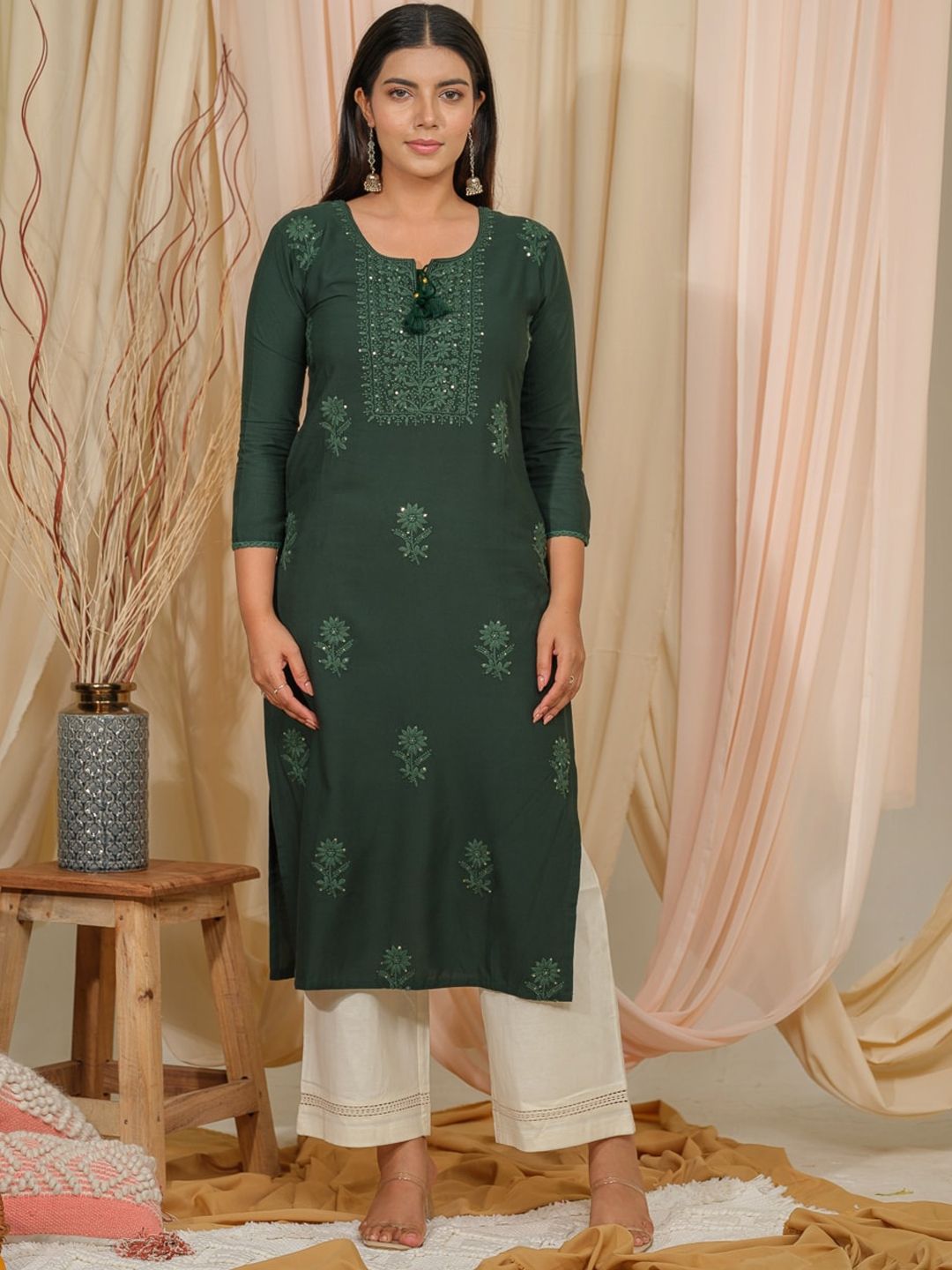 Ode by House of Pataudi Floral Embroidered Tie-Up Neck Straight Kurta - Distacart