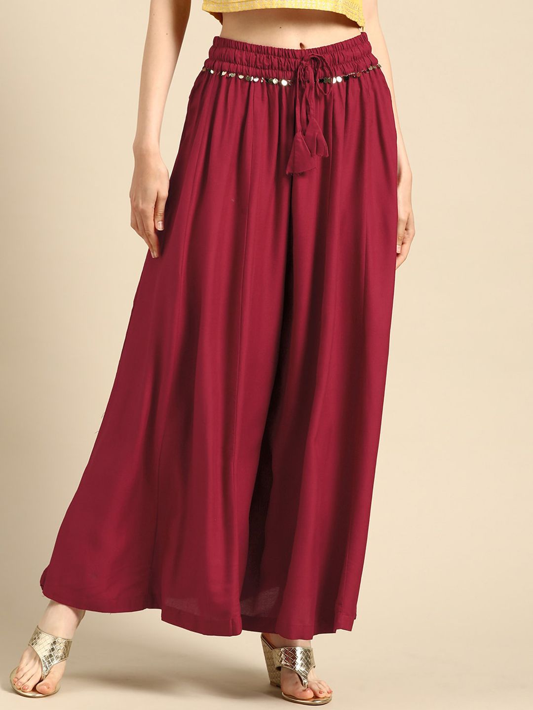 TAG 7 Women Black & Maroon Solid Flared Palazzos - Distacart