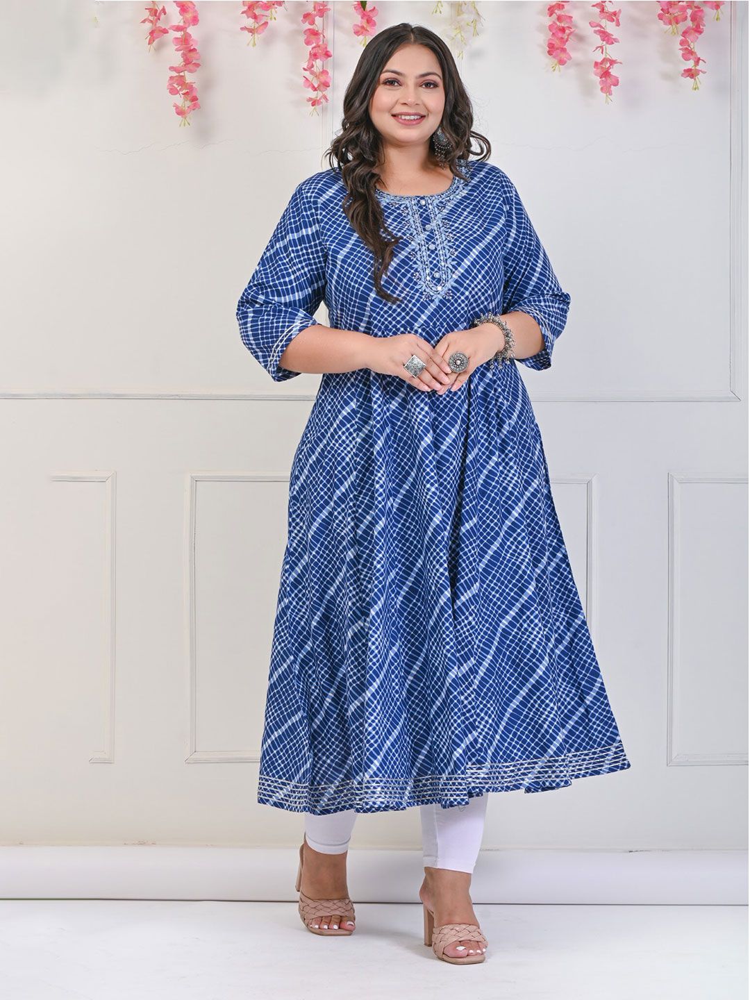 Swasti Checked Embroidered Fit & Flare Midi Dress