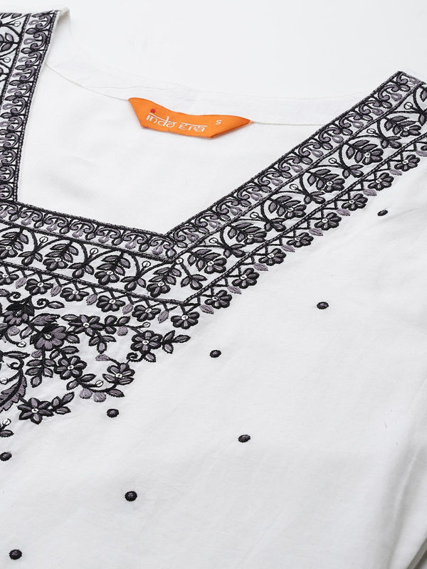Indo Era Floral Embroidered Pure Cotton Kurta with Trousers & Dupatta