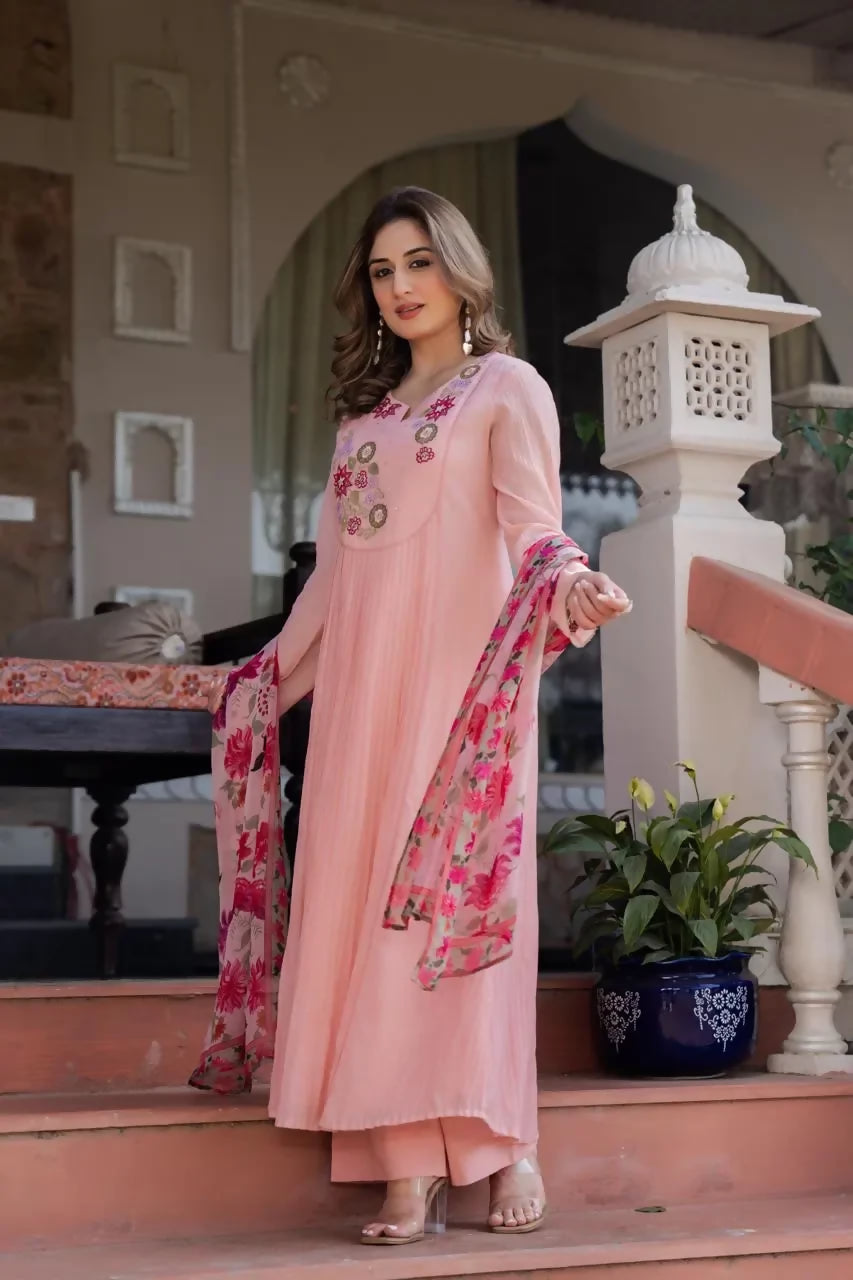 Teeya Creation Pink Floral Embroidered Anarkali Palazzo Suit Set