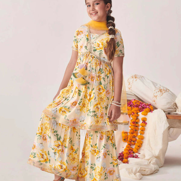 Joban Fashion Girl's White & Yellow Color Sharara Set