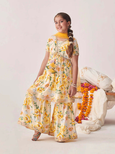 Joban Fashion Girl's White & Yellow Color Sharara Set