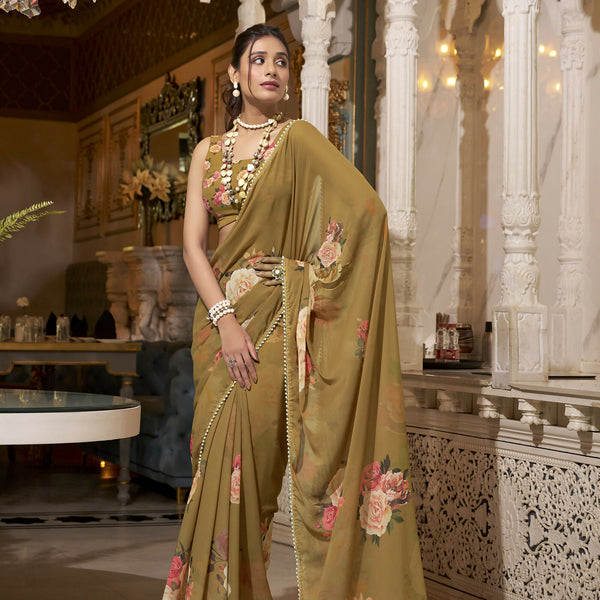 Vastranavya Brown Spectacular Georgette Printed with Pearl Lace Saree with Unstitched Blouse - Distacart