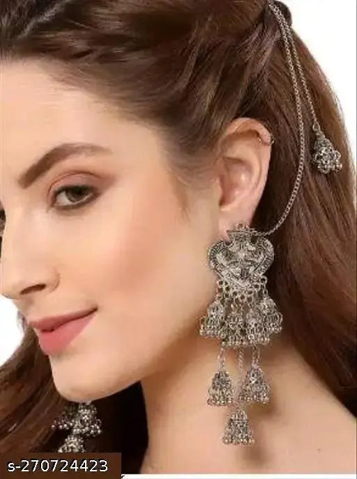Tehzeeb Creations Women's Silver Colour Oxidised Earring With Hair Chain - Distacart