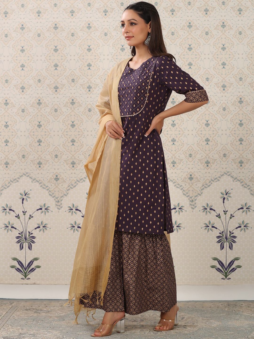 Ode by House of Pataudi Ethnic Motifs Printed Regular Gotta Patti Pure Cotton Kurta with - Distacart