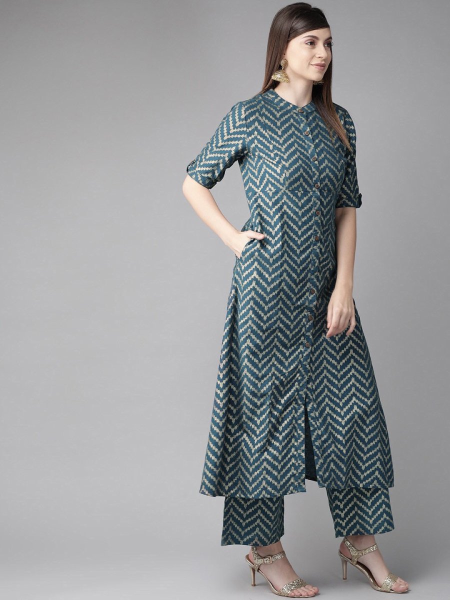 Aks Chevron Printed Band Collar A-Line Kurta - Distacart
