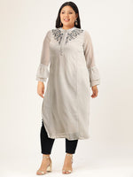 Thumbnail for All About You Women Grey Bell Sleeves Yoke Design Thread Work Dobby Kurta - Distacart
