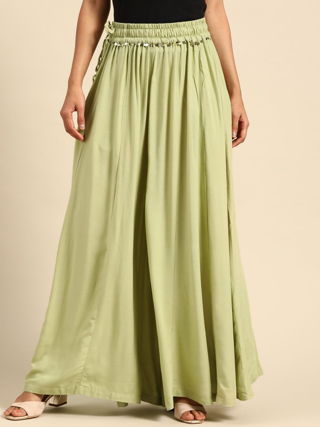 TAG 7 Women White & Green Solid Flared Palazzos - Distacart