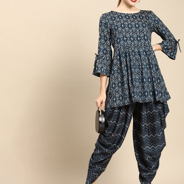 Anouk Women Navy Blue Ethnic Motifs Printed Empire Kurti with Dhoti Pants - Distacart