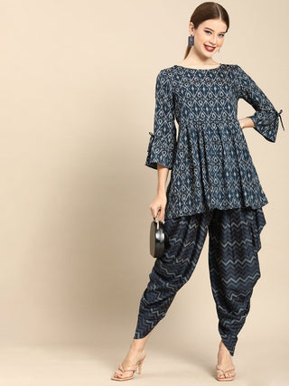 Anouk Women Navy Blue Ethnic Motifs Printed Empire Kurti with Dhoti Pants - Distacart
