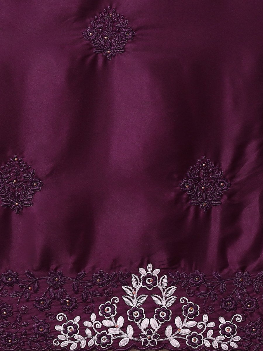 Anouk Burgundy & White Floral Embroidered Satin Saree - Distacart