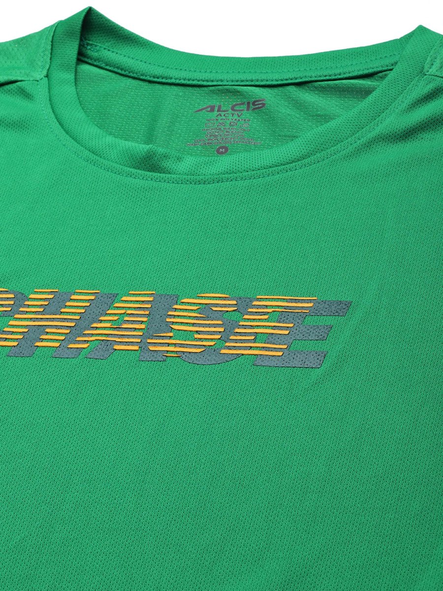 Alcis Men Green & Yellow Typography Printed Slim Fit Running T-shirt - Distacart