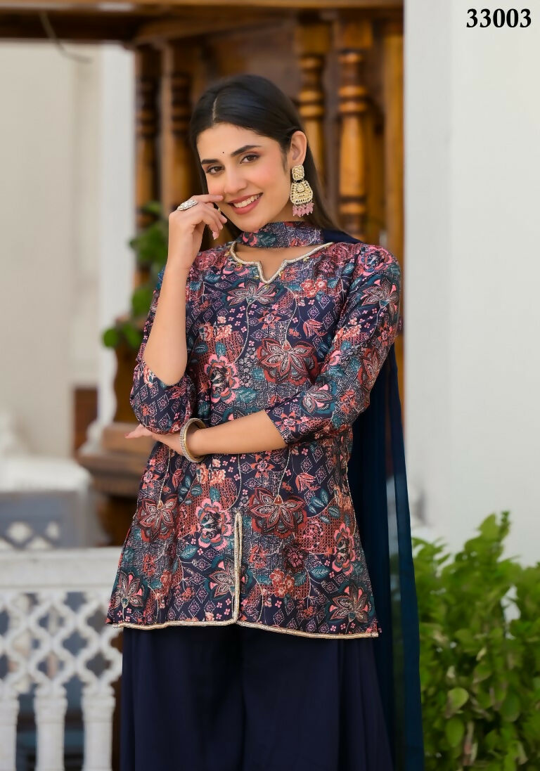 Designer Stylish Navy Blue Dull satin Stitched Suit With Dupatta - Samya - Distacart