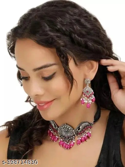 Tehzeeb Creations Women's Silver Plated Necklace Set With Rani Colour Pearl - Distacart