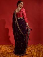 Thumbnail for Anouk Burgundy & Gold-Toned Embellished Sequinned Pure Georgette Saree - Distacart