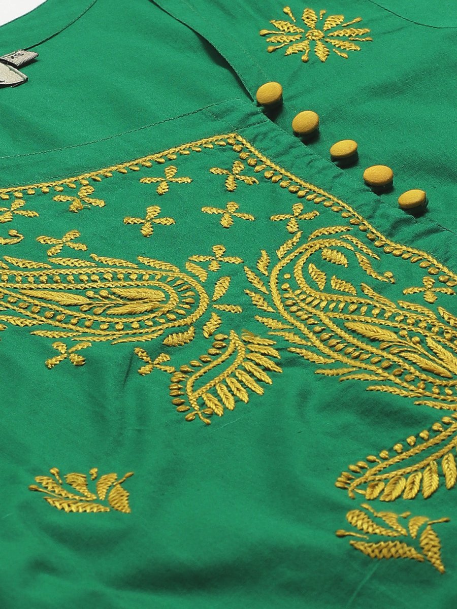 ADA Women Green & Yellow Paisley Chikankari Embroidered Sustainable Handloom Kurta with Trousers - Distacart