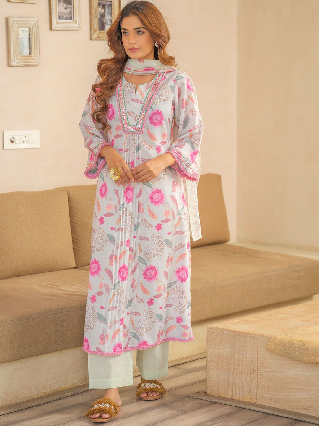 Sangria Floral Printed Pleated A-Line Kurta With Palazzos & Dupatta - Distacart