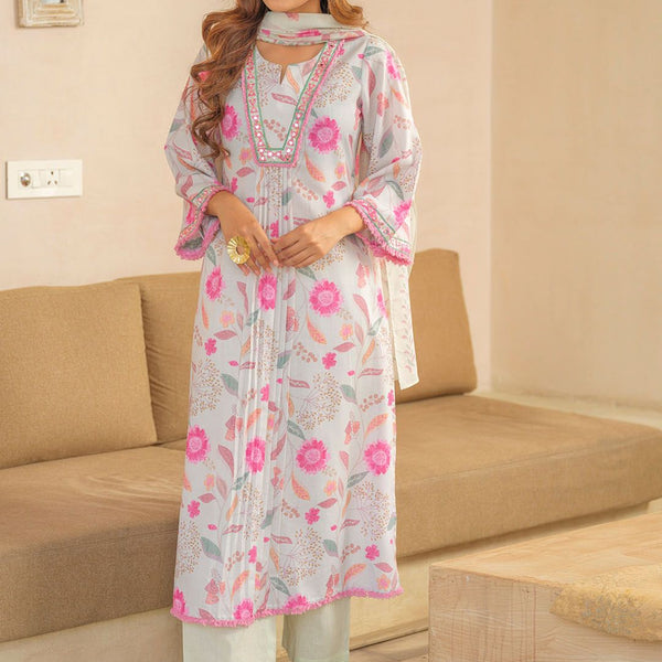 Sangria Floral Printed Pleated A-Line Kurta With Palazzos & Dupatta - Distacart