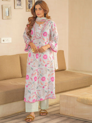 Sangria Floral Printed Pleated A-Line Kurta With Palazzos & Dupatta - Distacart