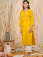 Thumbnail for Ode by House of Pataudi Floral Embroidered Tie-Up Neck Straight Kurta - Distacart