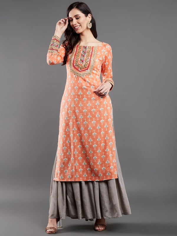 Aks Ethnic Motifs Printed Sequinned Pure Cotton A Line Kurta - Distacart