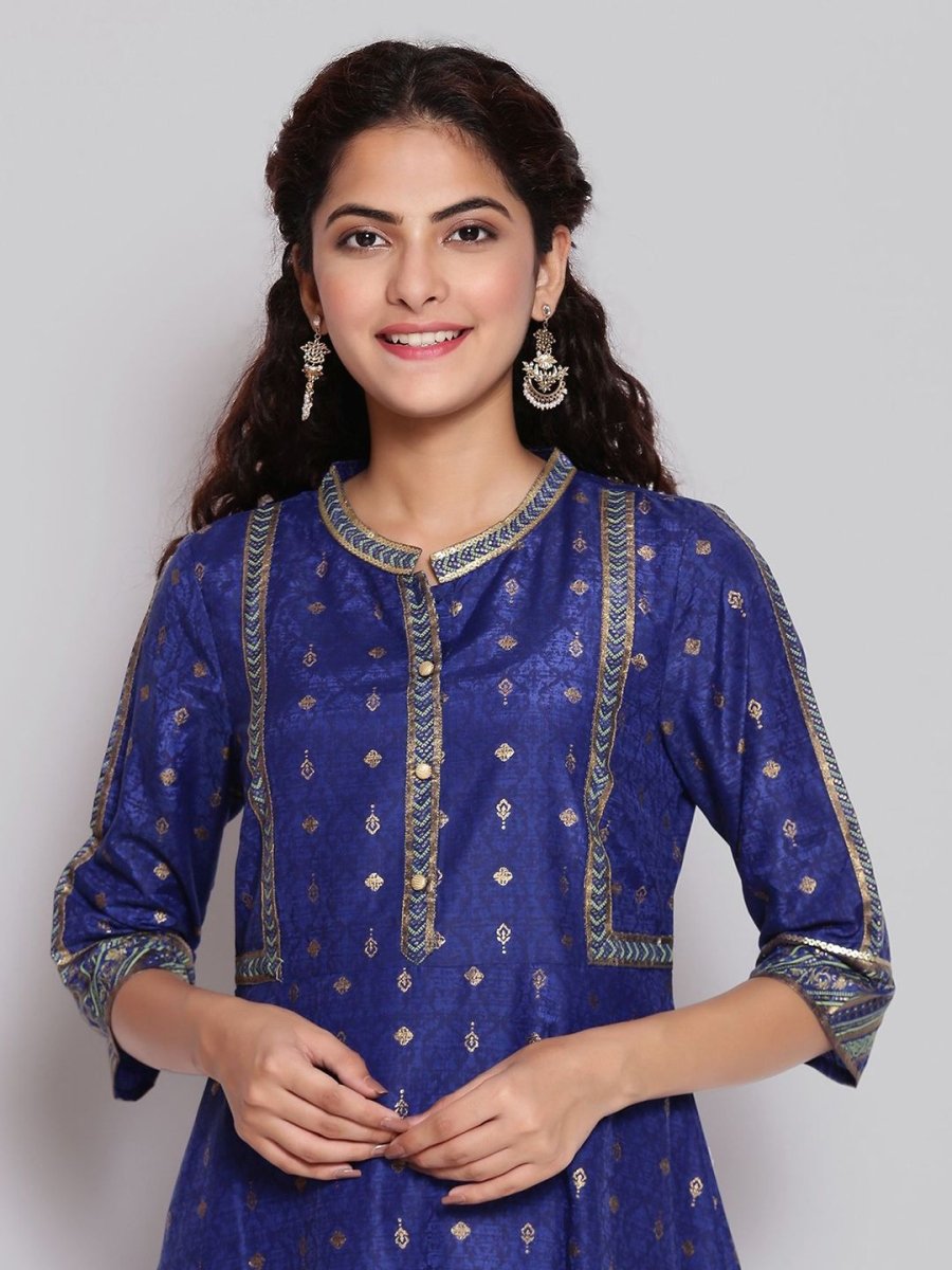 AURELIA Blue & Gold-Toned Ethnic Motifs Ethnic A-Line Midi Dress - Distacart