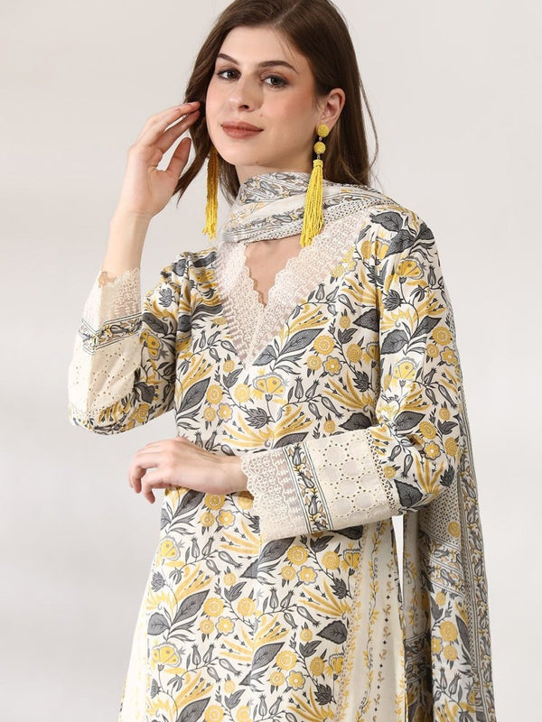 Anouk Floral Printed Regular Thread Work Pure Cotton Kurta With Trousers & Dupatta