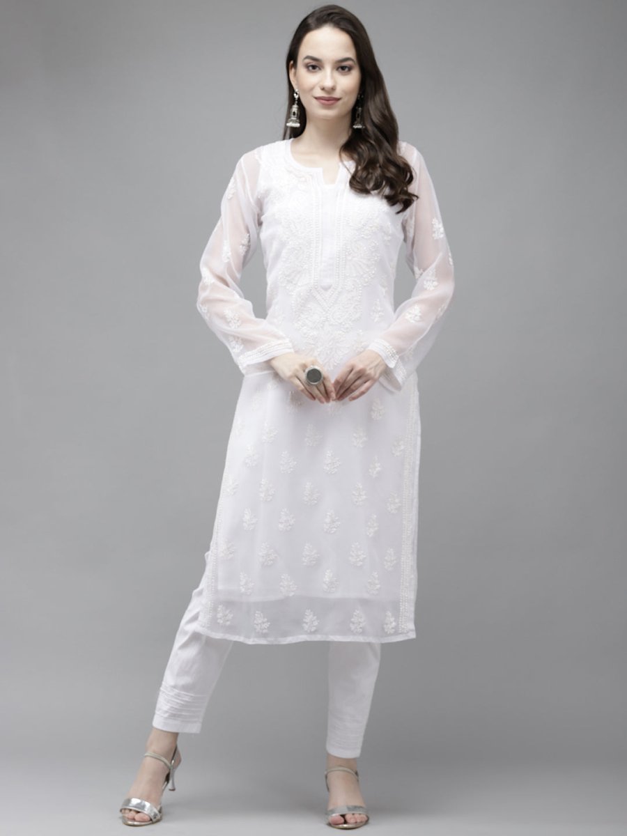 ADA Women White Ethnic Motifs Embroidered Regular Chikankari Handloom Kurta with Trousers - Distacart