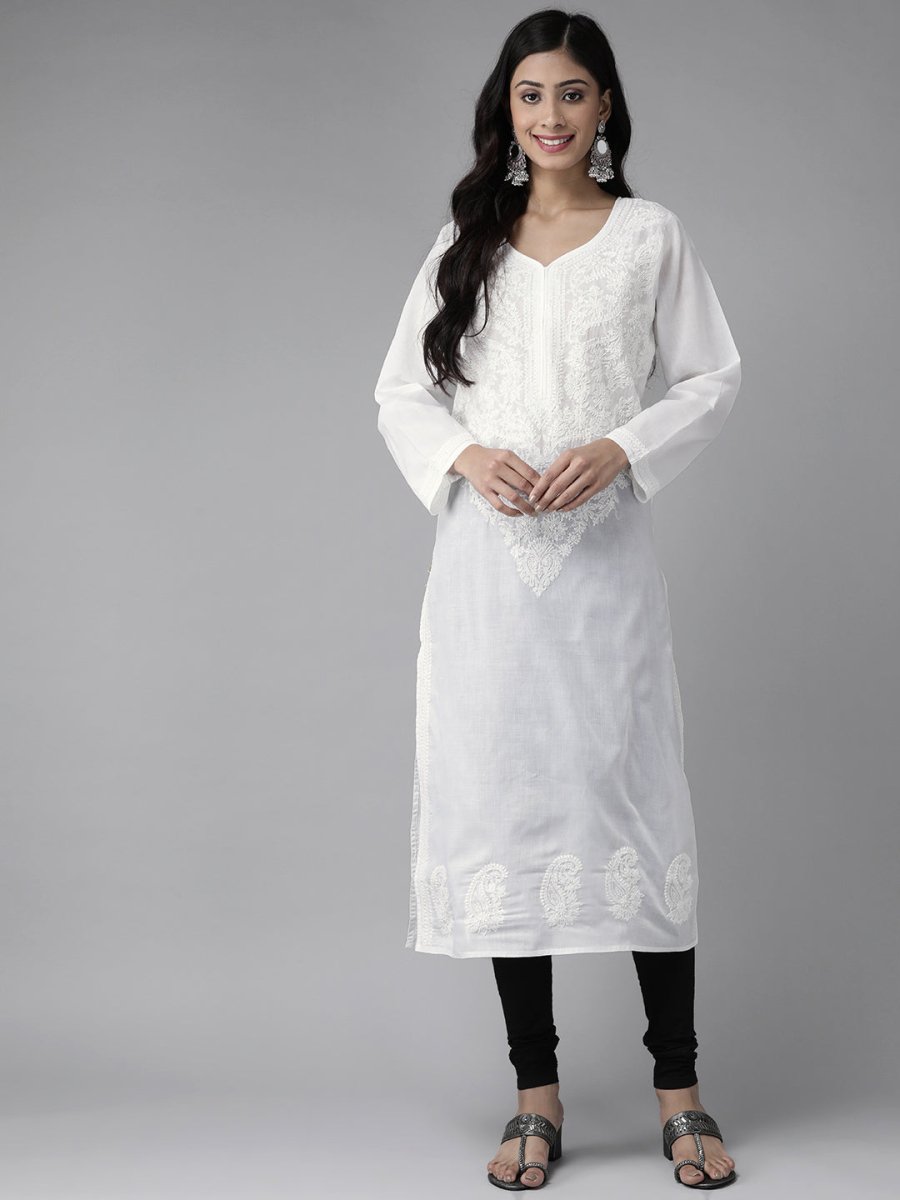 ADA Women White & Black Chikankari Embroidered Handloom Kurta with Cotton Churidar - Distacart