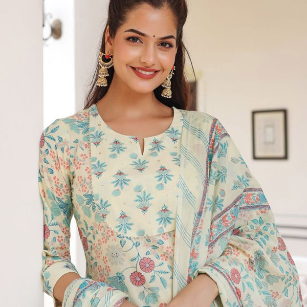Anouk Cream Floral Printed Pure Cotton Straight Kurta With Trousers & Dupatta - Distacart