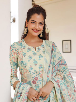 Anouk Cream Floral Printed Pure Cotton Straight Kurta With Trousers & Dupatta - Distacart