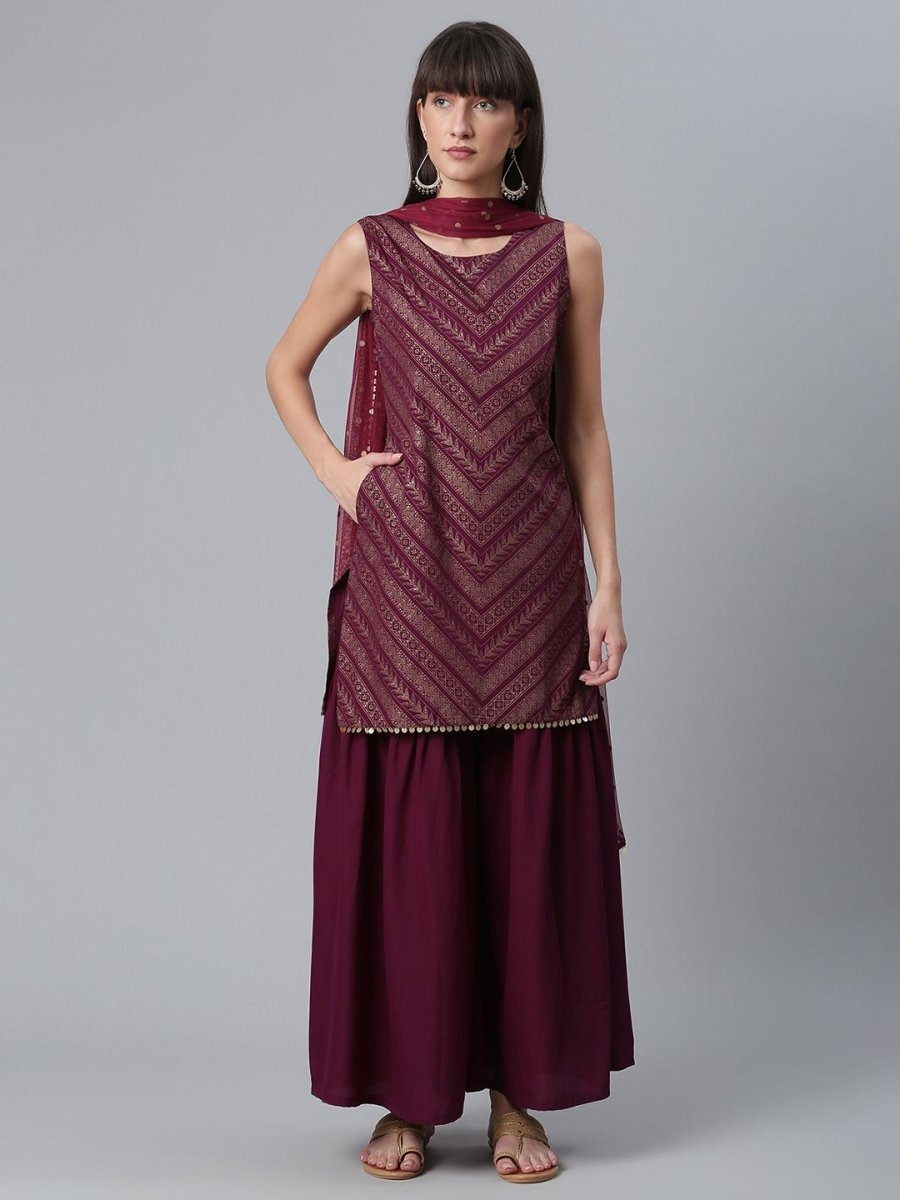Ahalyaa Wine Crepe Glitter Print Kurta with Sharara and dupatta Set - Distacart