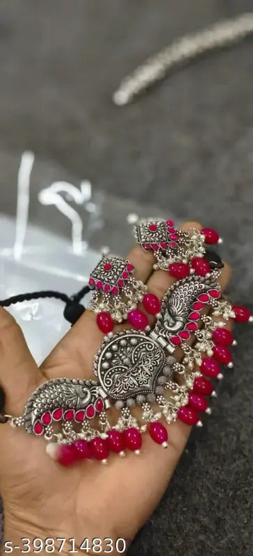 Tehzeeb Creations Women's Silver Plated Necklace Set With Rani Colour Pearl - Distacart