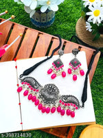 Thumbnail for Tehzeeb Creations Women's Silver Plated Necklace Set With Rani Colour Pearl - Distacart