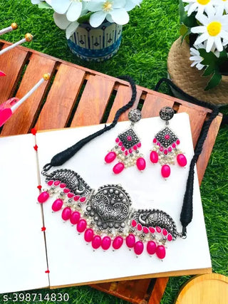 Tehzeeb Creations Women's Silver Plated Necklace Set With Rani Colour Pearl - Distacart