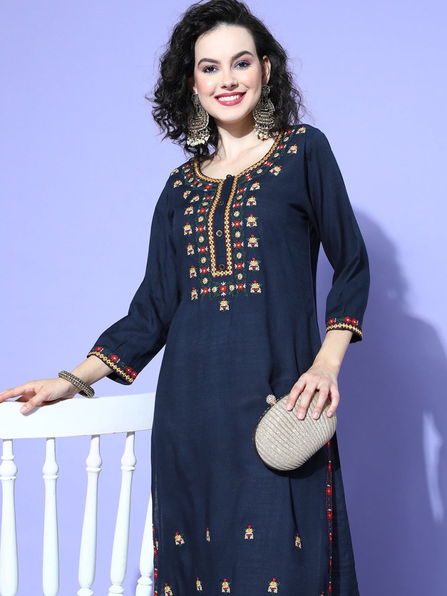 All About You Women Blue Embroidered Regular Mirror Work Liva Kurta with Trousers - Distacart