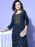 Thumbnail for All About You Women Blue Embroidered Regular Mirror Work Liva Kurta with Trousers - Distacart