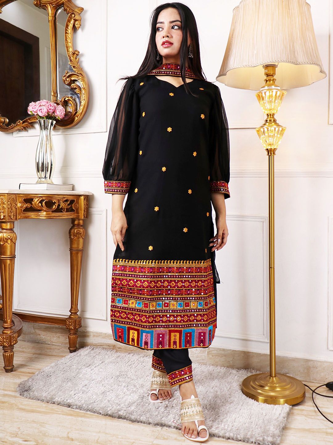 Kalini Ethnic Motifs Embroidered Regular Sequinned Kurta with Trousers & Dupatta
