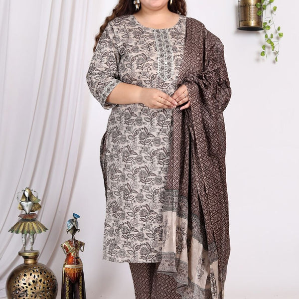 Swasti Floral Printed Regular Sequinned Pure Cotton Kurta with Trousers & With Dupatta - Distacart